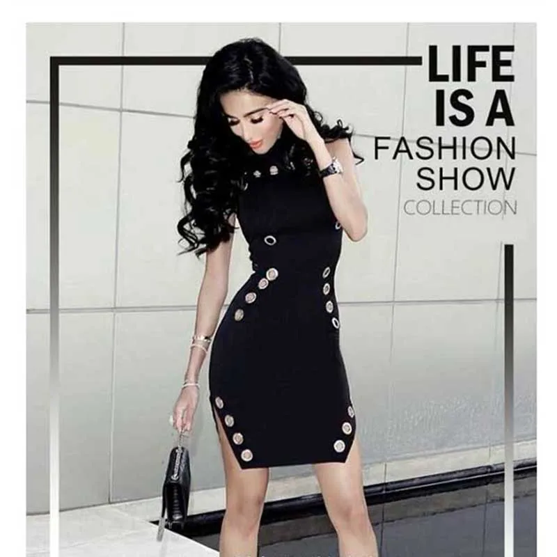 2020 Spring Dress Wmen Celebrity Runway Black Sequins Key Hole Long Sleeve Hollow Out High Neck Bodycon Party Dresses | Женская одежда