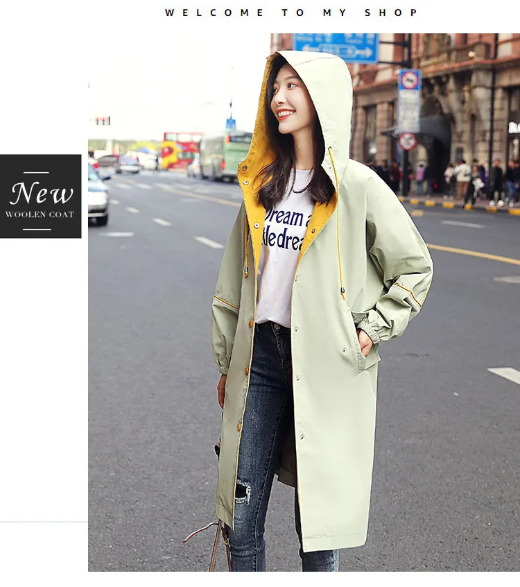 Корейский Женский Тренч, модная Повседневная ветровка с капюшоном, однобортный легкий плащ, верхняя одежда для женщин, большие размеры