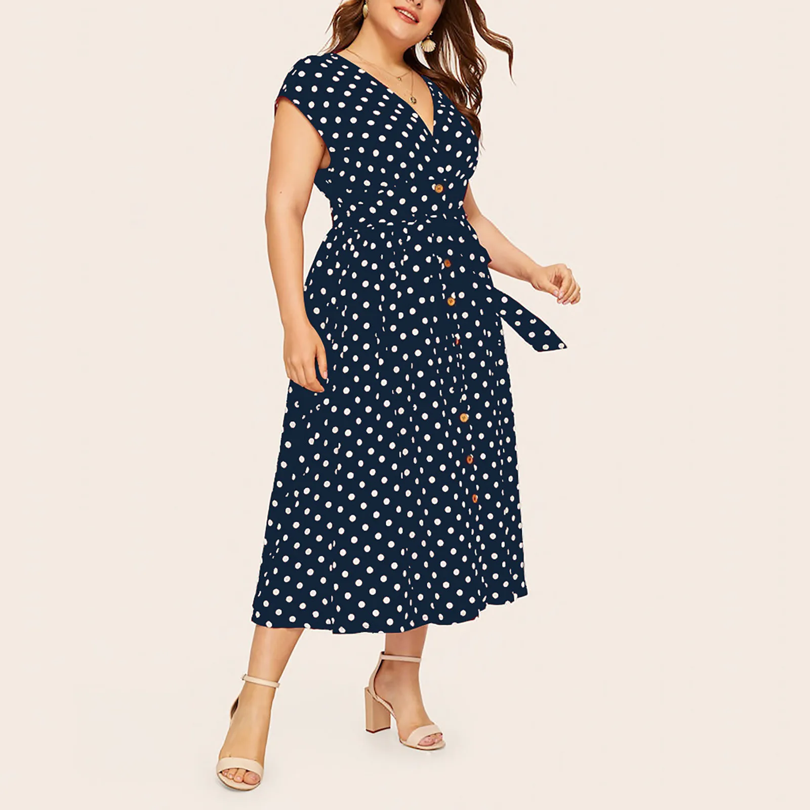 Summer dress Plus Size Ladies Polka Dot Print Dress Button Lace-up Waist V-neck Skirt plus size dresses Leisure Vestido Mujer 2