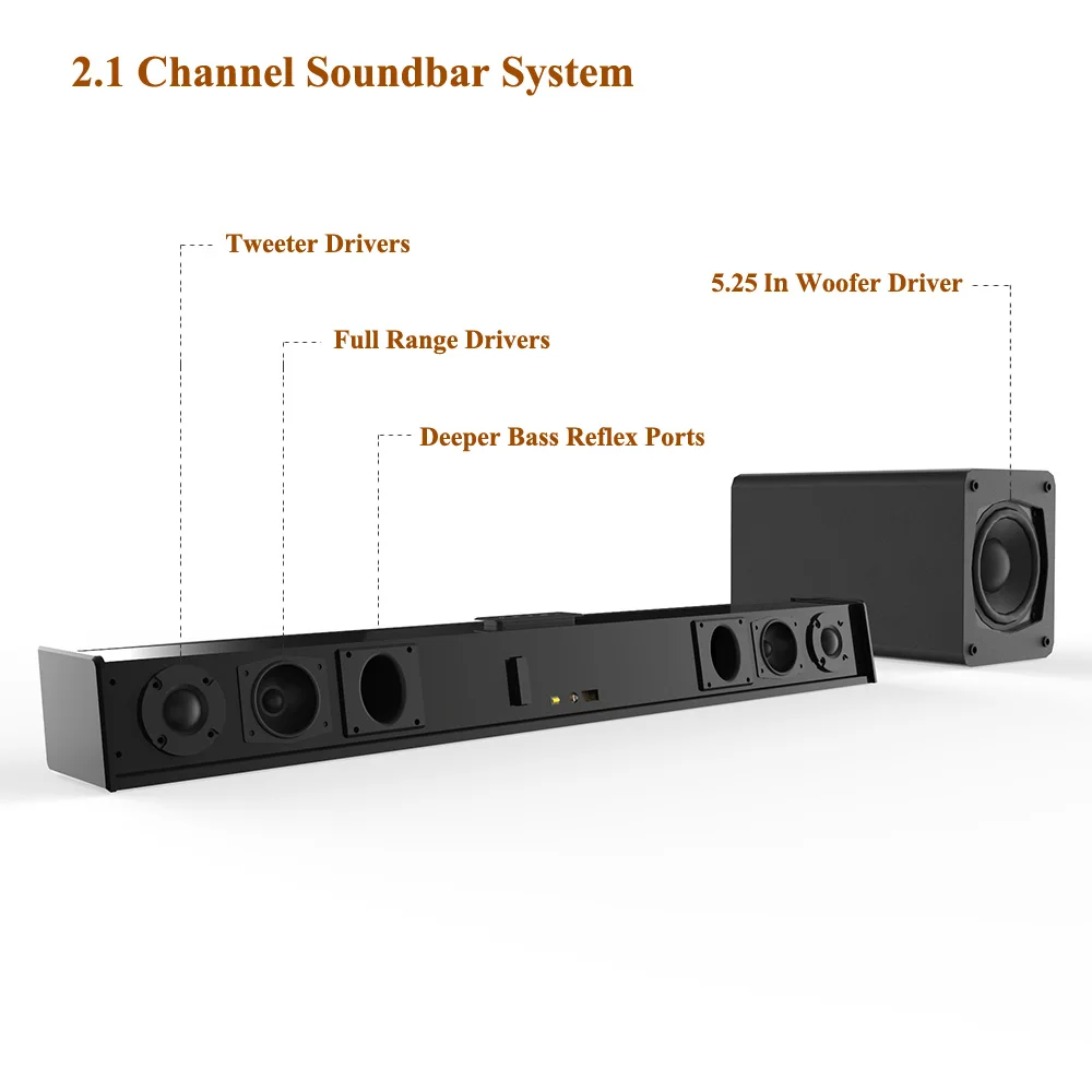 100 Вт ТВ Саундбар 2,1 Bluetooth динамик 5,0 Система домашнего кинотеатра 3D объемный> 80 дБ звуковая панель Пульт дистанционного управления с сабвуфером для ТВ