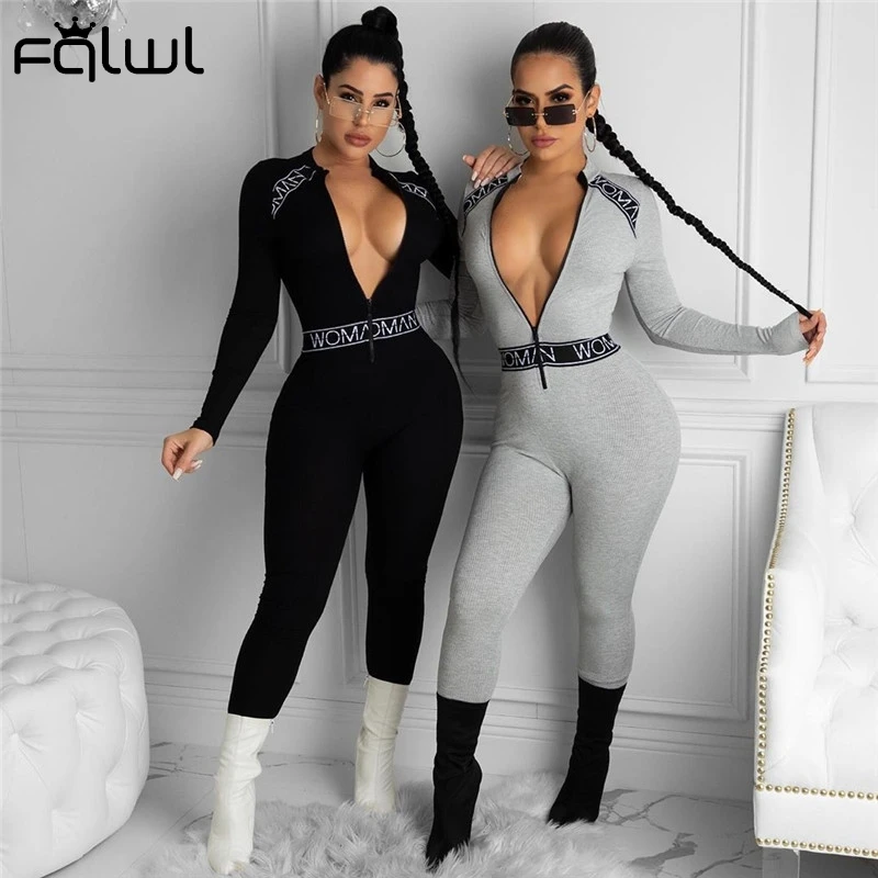 FQLWL-mono Sexy de punto acanalado para mujer, mono de manga larga para mujer, mono elástico con cremallera, monos Bodycon de una pieza