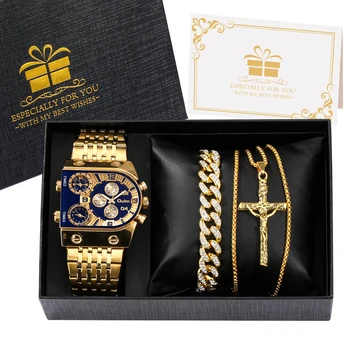 Kit Relógio de Luxo Dourado Azul + Cordão Dourado + Pulseira Dourado Presente Masculino 8