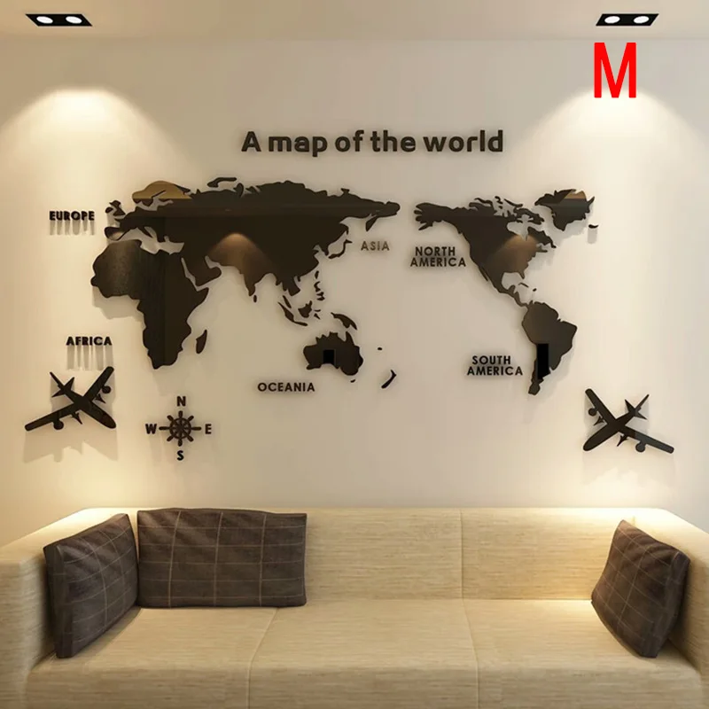 Акриловые 3D Карта мира гладкие твердые хрустальные настенные стикеры домашний офис Декор HYD88