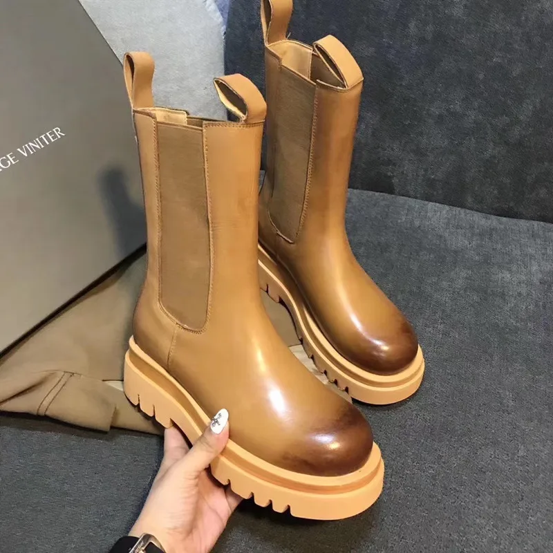 Timalina Europe Style Women's Shoes Women Boots Autumn Cowskin Leather Half Boots Thick Heels Fashion Martin Boots Round Toe