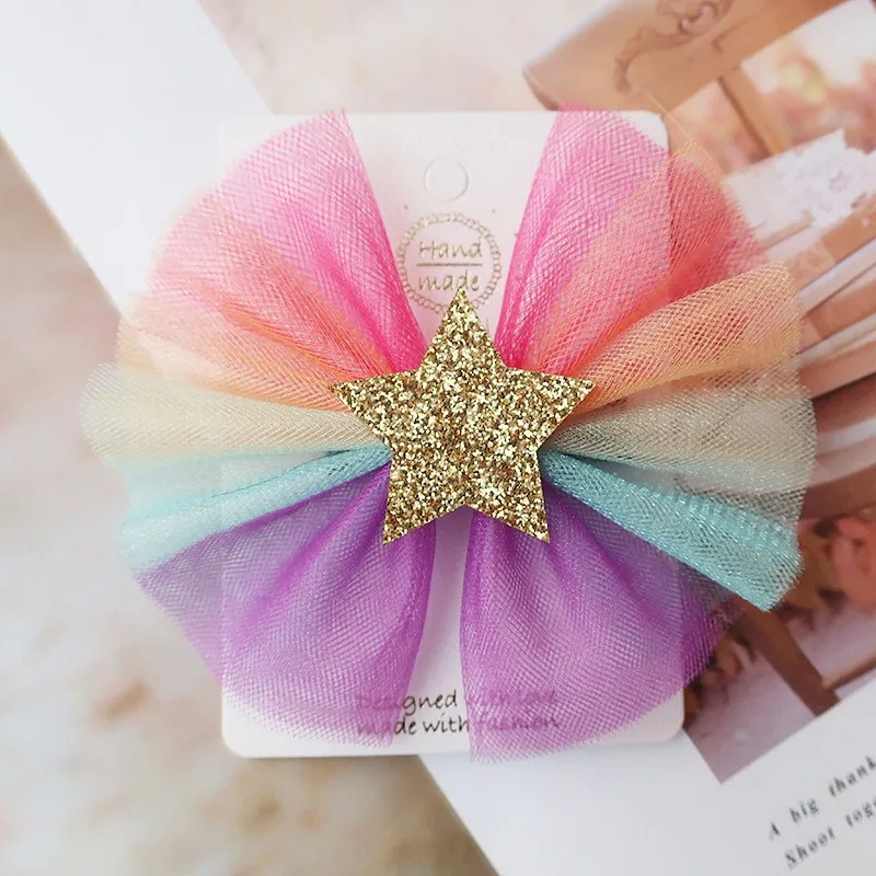 15pcs Fashion Cute Glitter Star Mesh Bow Hairpins Gradient Rainbow Bowknot Hair Clips Princess Headwear Girls Hair Accessories