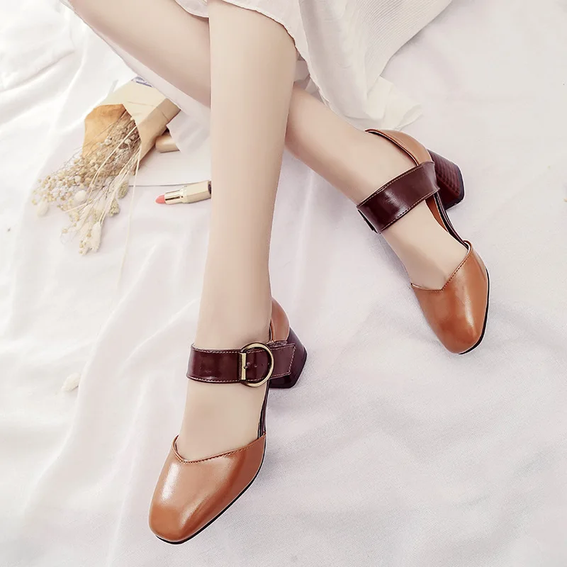 

2018 Spring And Autumn New Style Square Head Grandma Shoes Kitten Heels Chunky-Heel Shoes Versatile Casual Sandals Female Studen