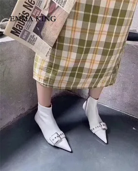 

Sexy Women Genuine Leather Pointed Toe Ankle Boots Designer Iron Heel Short Booties Woman Buckles Botas Mujer Runway Shoes 2019