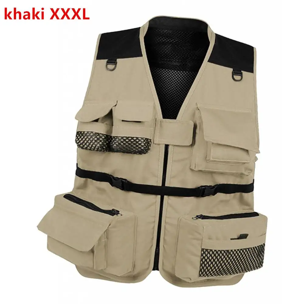 khaki XXXL Открытый походный охотничий рыболовный жилет, Регулируемый жилет для съемки, многокарманный сетчатый жилет, куртка для фотосъемки, жилет для рыбалки - Цвет: khaki XXXL