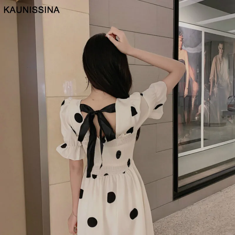 Коктейльные платья KAUNISSINA в горошек, вечерние платья с коротким рукавом, коктейльное платье в Корейском стиле