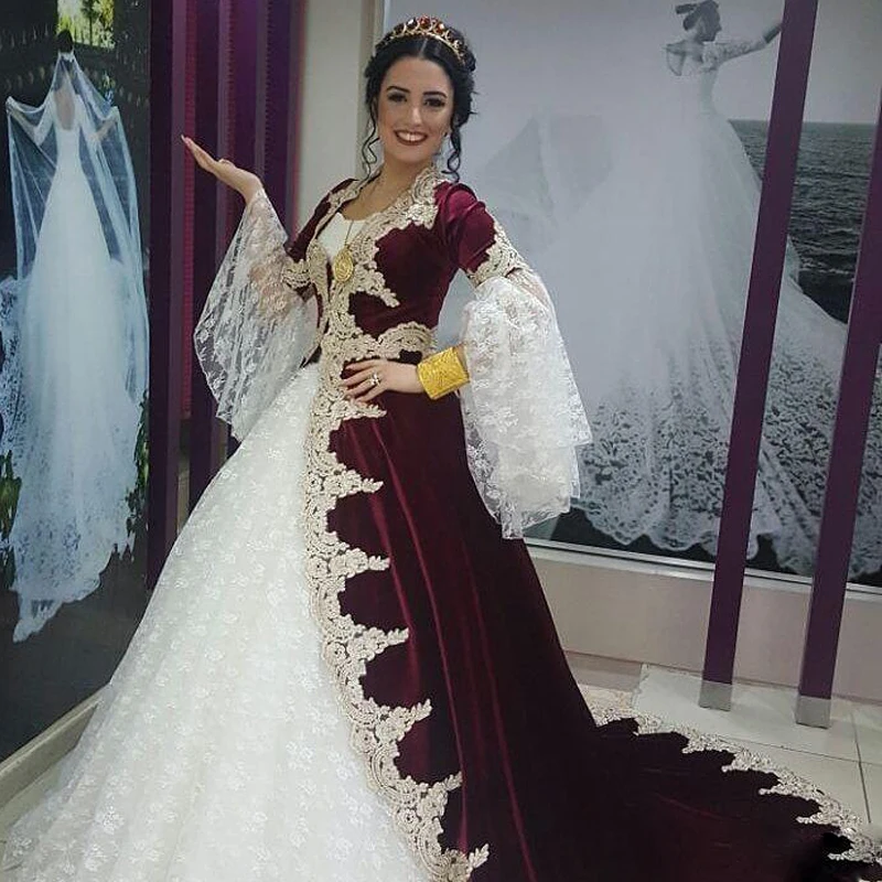 

Burgundy Velvet Caftan Kaftan Evening Formal Dresses 2020 Lace Long Sleeve Ball Gown Dubai Abaya Arabic Lace Prom Gown Robes
