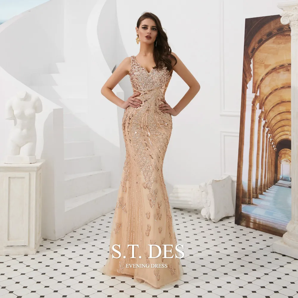 

2020 S.T.DES Gorgeous Golden Full Sequins Deep V-Neck Mermaid Prom Dress Backless Bling Bling Sweep Train Evening Dress Dress