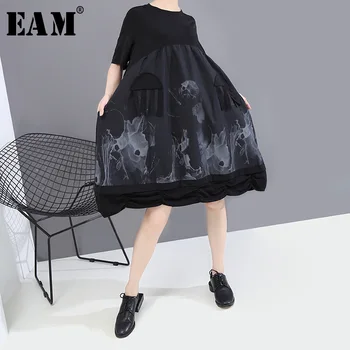 

[EAM] Women Black Pattern Printed Temperament Dress New Round Neck Short Sleeve Loose Fit Fashion Tide Spring Summer2020 1T647