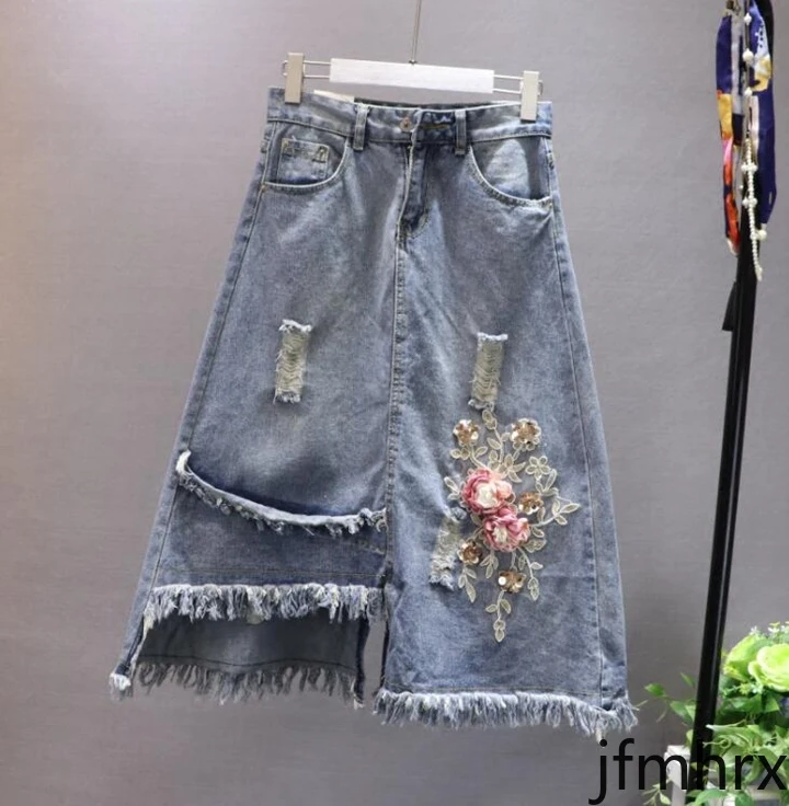 

European Station Jeans Skirt Summer New Heavy Industry Embroidery Sequins A-line Denim Skirt Irregularly High Waist Jean Skirts