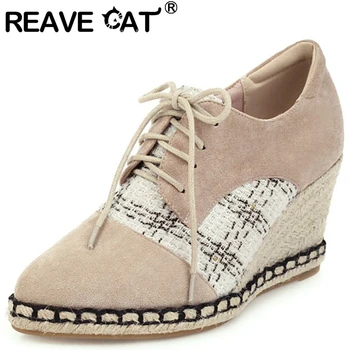 

REAVE CAT Concise Spring Autumn Woman Pumps Round Toe 8cm Wedges Lace up Cross-tied Platform Large size 32-44 Leisure Date A2997