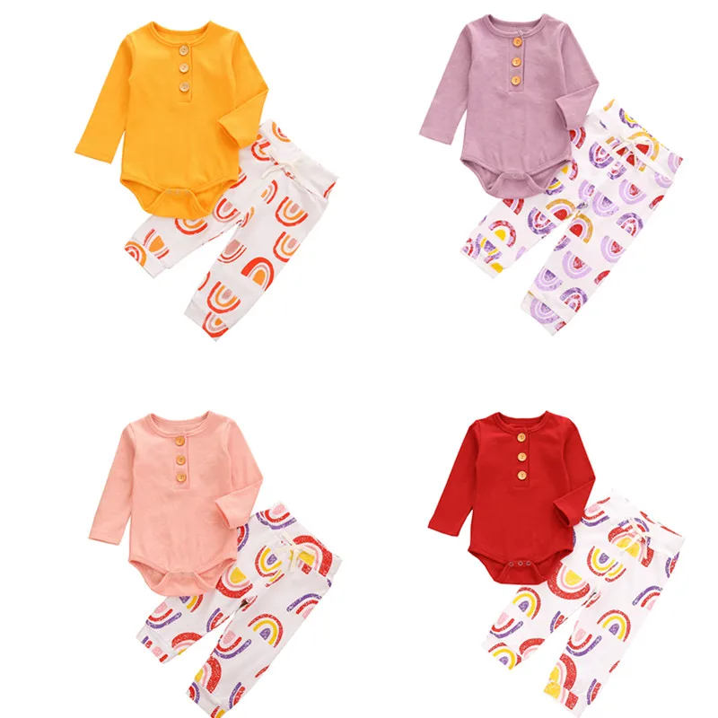 

2020 0-24M Sweet Infant Baby Girl Clothing Solid Color Button Long Sleeve Romper Top+Rainbow Striped Print Long Pants 2pcs Set