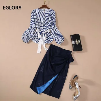 

Latest Fashion Designer Skirt Suits 2021 Spring Autumn 2 pc Set Women Striped Print Tops Blouse + Vintage Jacquard Print Skirts