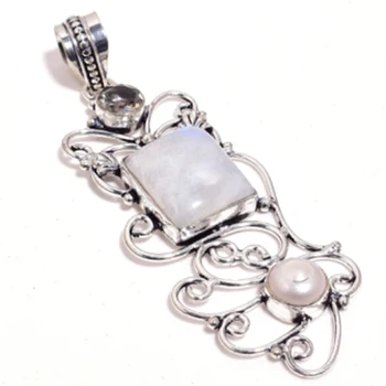 

Genuine Moonstone+ Pearl Pendant Silver Overlay over Copper women Jewelry gift, P8902