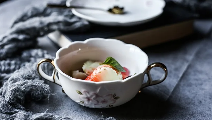 Романтическая вишневая Цветочная рельефная керамическая молочная чашка кофейные чашки с ложкой бинауральная суповая миска для десерта птичья Хрустальная чаша с бабочкой