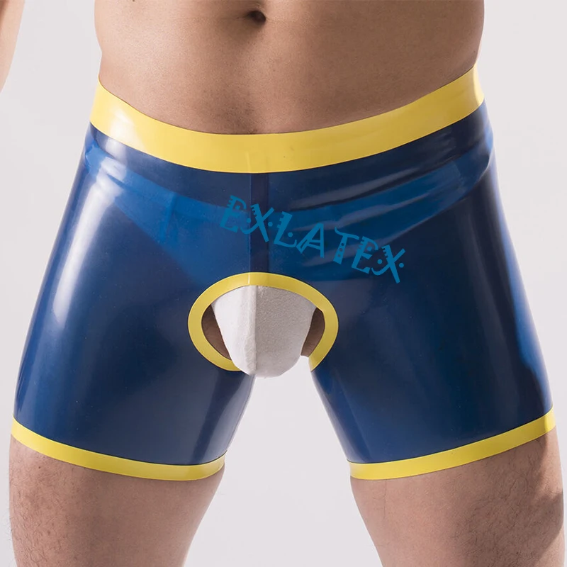 Latex Panties Mens Fetish Underwear Latex Rubber Boxer Shorts with Open Front and Back with Trim Sexy Erotic Panties