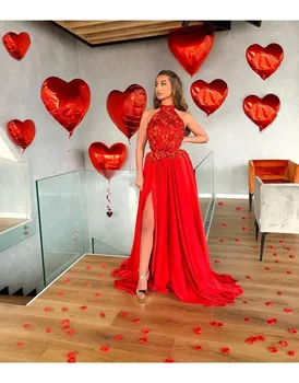 

Red Halter Appliques Sexy Aline Evening Dress Dubai Arabic Saudi Arabian Vestidos De Festa Prom Custom Made Plus