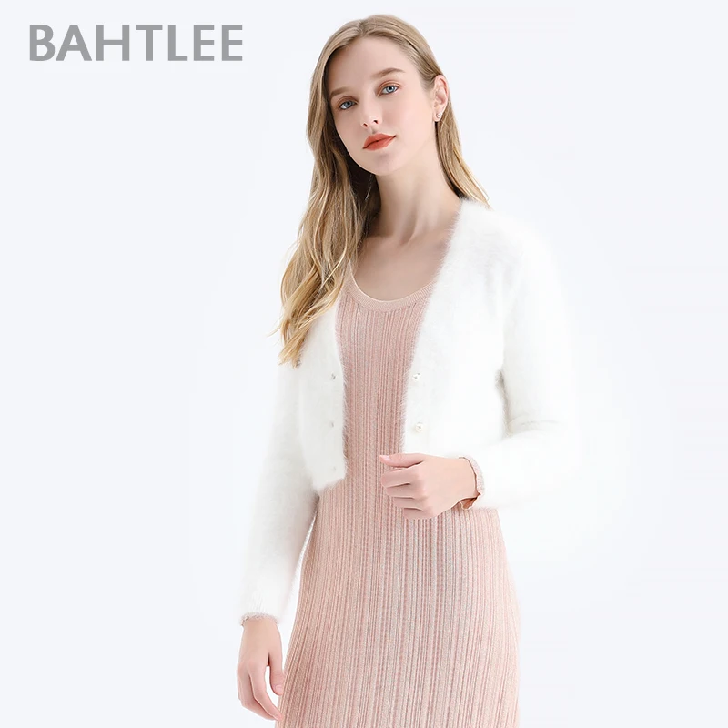 

BAHTLEE Women Angora short Cardigans Sweater Autumn Winter Wool Knitted Jumper Coat Long Sleeves O-Neck suit style Pearl buckle