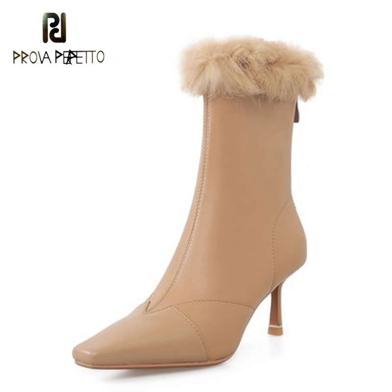 

Fashionable Temperament Pointed Toe Stiletto Short Boots Cowhide Stitching Rabbit Fur Back Zipper Short Tube Elastic Boots