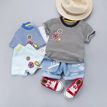 

Baby Boy Girl Clothes Summer Children Fashion Trend Stripe T Shirts Denim Shorts 2Pcs/sets Infant Kid Leisure Toddler Tracksuits