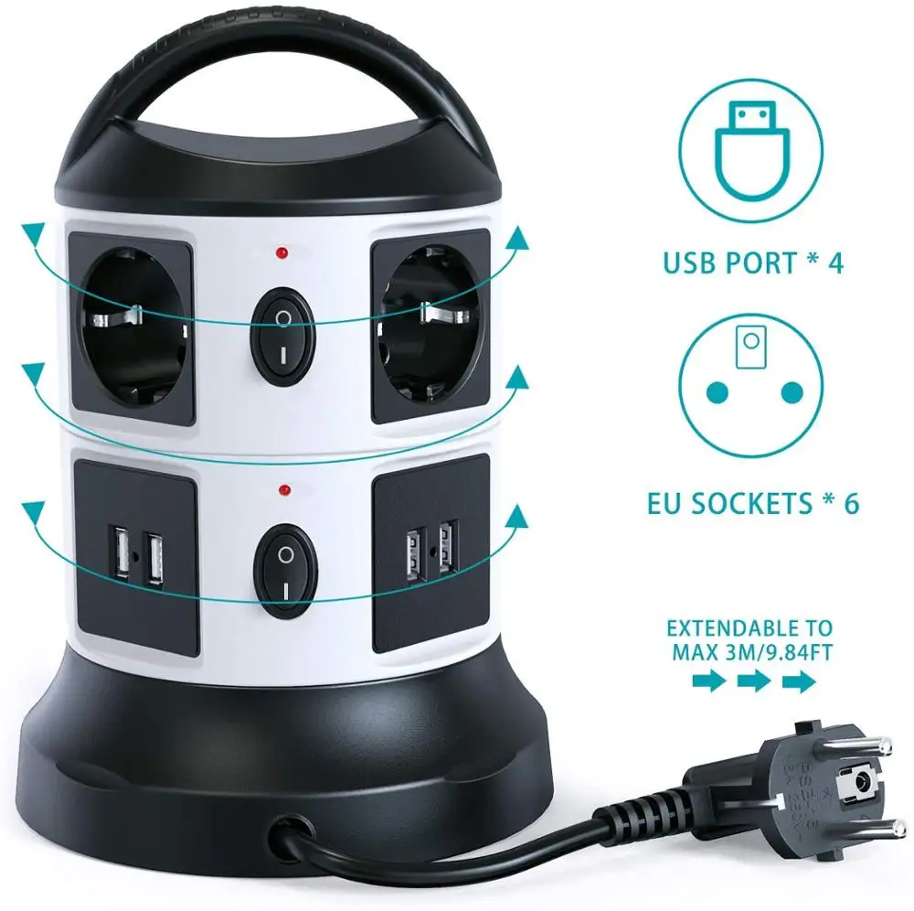 

Smart Socket Outlet 4 USB Charging Ports 6 Socket Tower Surge Protection Short Circuit Protection Socket For Office Home Travel