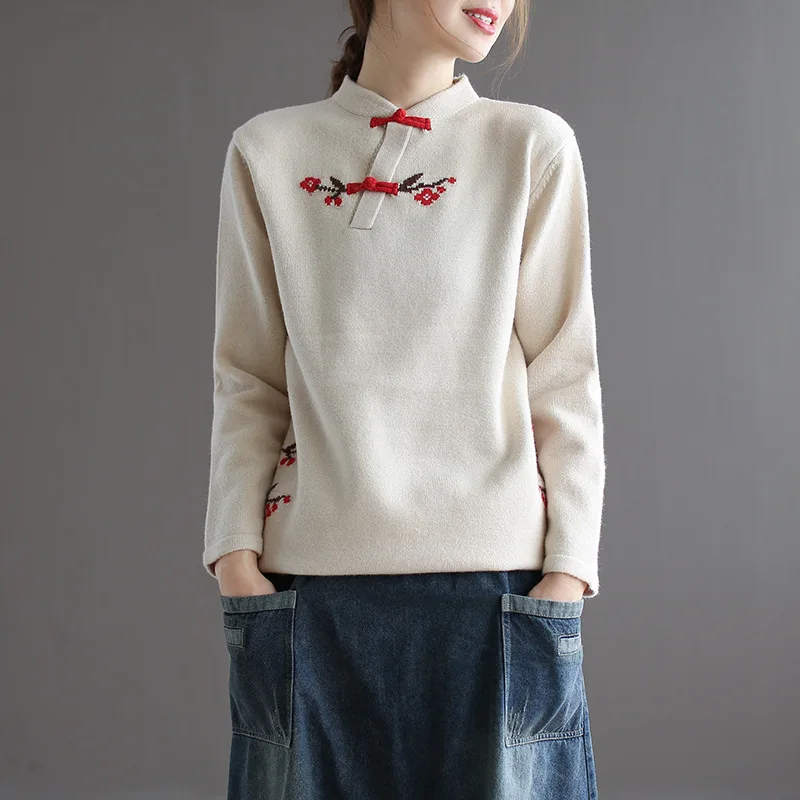 

Women Sweater Autumn Winter Loose Pullovers New 2019 Ladies Tops Stand Long-sleeved Button Mori girl Casual Sweater Embroidery