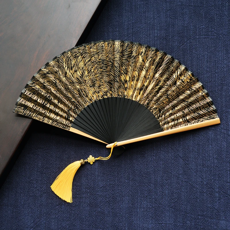 Printed Gold dust Silver Powder Japanese Fan Traditional Craft Women Bamboo Folding Fabric Fan Chinese Hand Held Fans Gift