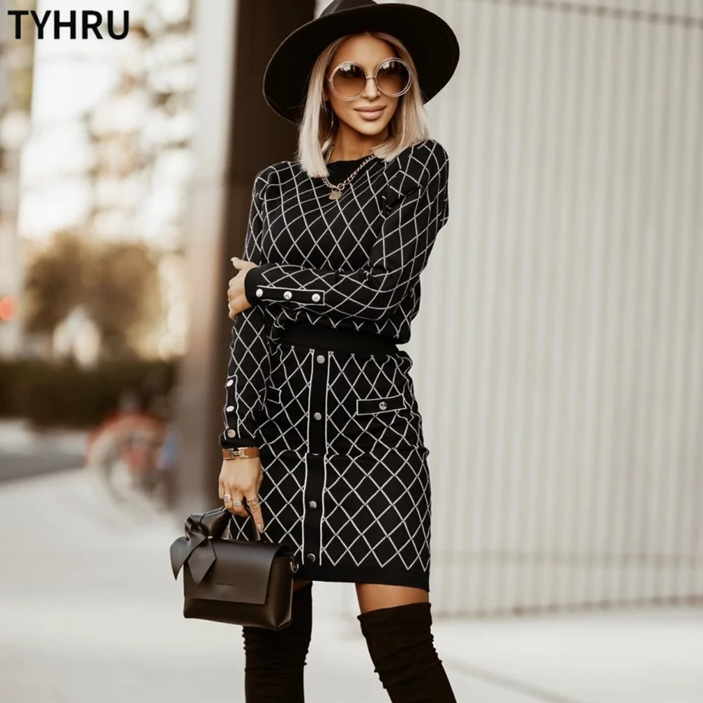 TYHRU Diamond Lattice Skirt Suits Women Knitted Tracksuits O-neck Pullover Sweater+Slim Knitting Buttons Skirt 2-Piece Set