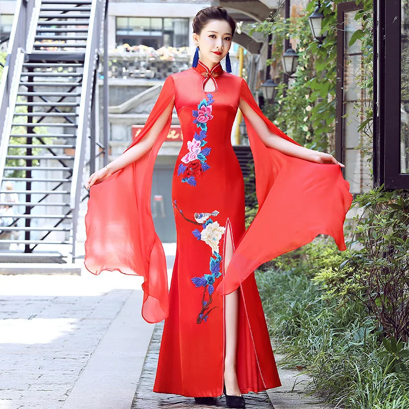 Пикантные Чонсам «рыбий хвост» с цветочной вышивкой улучшенный cheongsam танцевальная Костюмы Qipao вечернее платье Платье для вечеринки