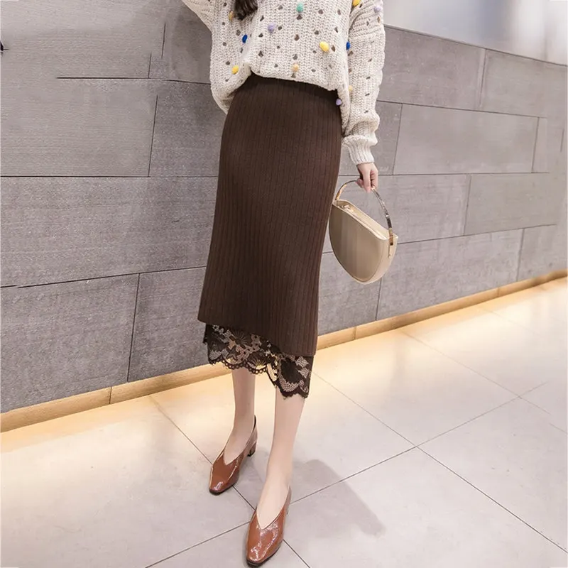 Brown Skirt Women RICININA, юбка миди, женская, элегантная, Jupe Femme,, вышивка, одноцветная, макси, женская юбка, высокая талия, Вязанная, юбки для женщин, s, зима - Цвет: Brown Skirt Women