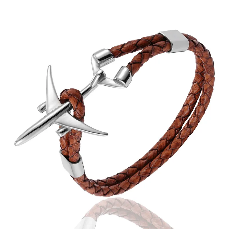 MKENDN Hot Sale Stainless Steel Airplane Anchor Bracelets Men Women Genuine Multilayer Leather Bracelet Freestyle Homme Jewelry - Окраска металла: Silver Brown