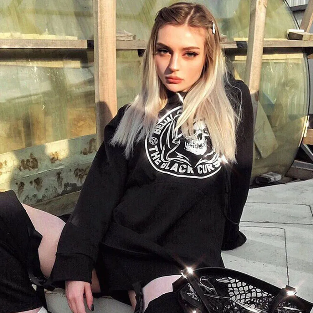 Rosetic Women Hooded Gothic Punk Long Sleeve Hooded Female Dark Death Bf Girl Harajuku Loose Top Hooded Women Female Gill Tops