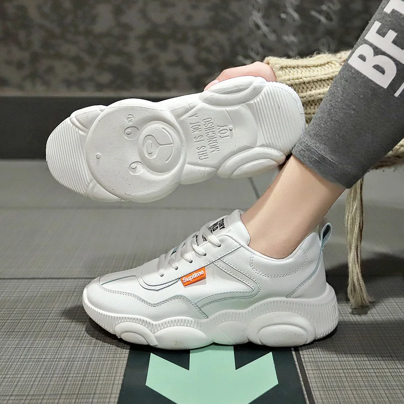 

Athletic Shoes Shoes Women's 2019 Spring Students Korean-style Bear New Style round-Toe Harajuku Faux Pu Small White Shoes 8801