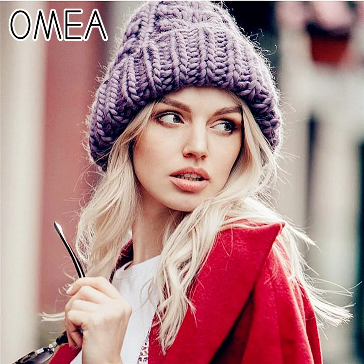 OMEA, Европейская Женская вязаная шерстяная шапочка, шапка, согревающая, для девочек, модная зимняя в стиле бини, согревающая, однотонная, Завитая, грубая, вязаная, пара шапок