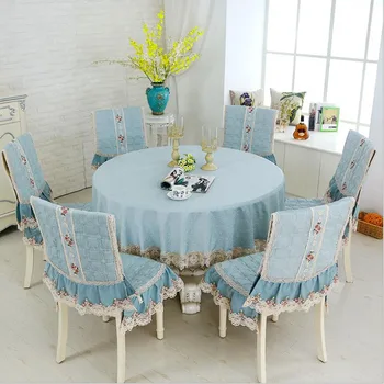 

European Lace edge Chenille Table Cloth European Dining Table Cover Chair Cushion Cover Round lace Tablecloths Chair Set