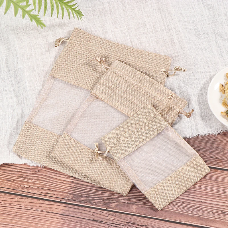 5pcs Christmas Window Jewelry Drawstring Pouch Drawstring Burlap Gift Linen Bundle Pocket Jute Sack Candy Gift Storage Bags