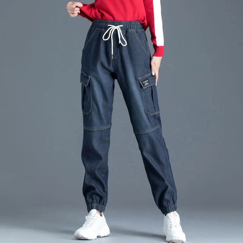 Denim Joggers Women Cargo Pants Women Velvet Elastic Waist Woman Pants Slimming 2020 Harem Pants Sweatpants Women Denim Jeans