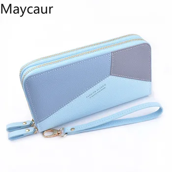 

Maycaur Double Zipper Hit Color Splice PU Long Women Wallets Fashion Classic Rectangle Soft Leather Wallet Card Phone ID Purses