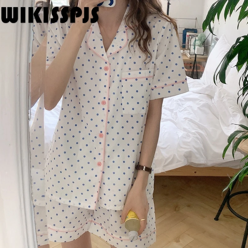

WIKISSPJS 2022 Summer New Wave Point Cotton Small Fresh Short Sleeve Shorts Home Clothes Women Pajamas Lounge Wear Lounge Sets