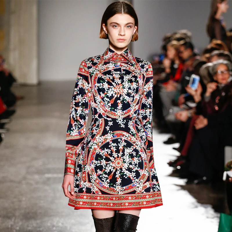 

2019 Newest Spring Autumn Shirt Dress Women Runway Designer Vintage Floral Printed Long Sleeve A-line Fashion Dress Plus Size