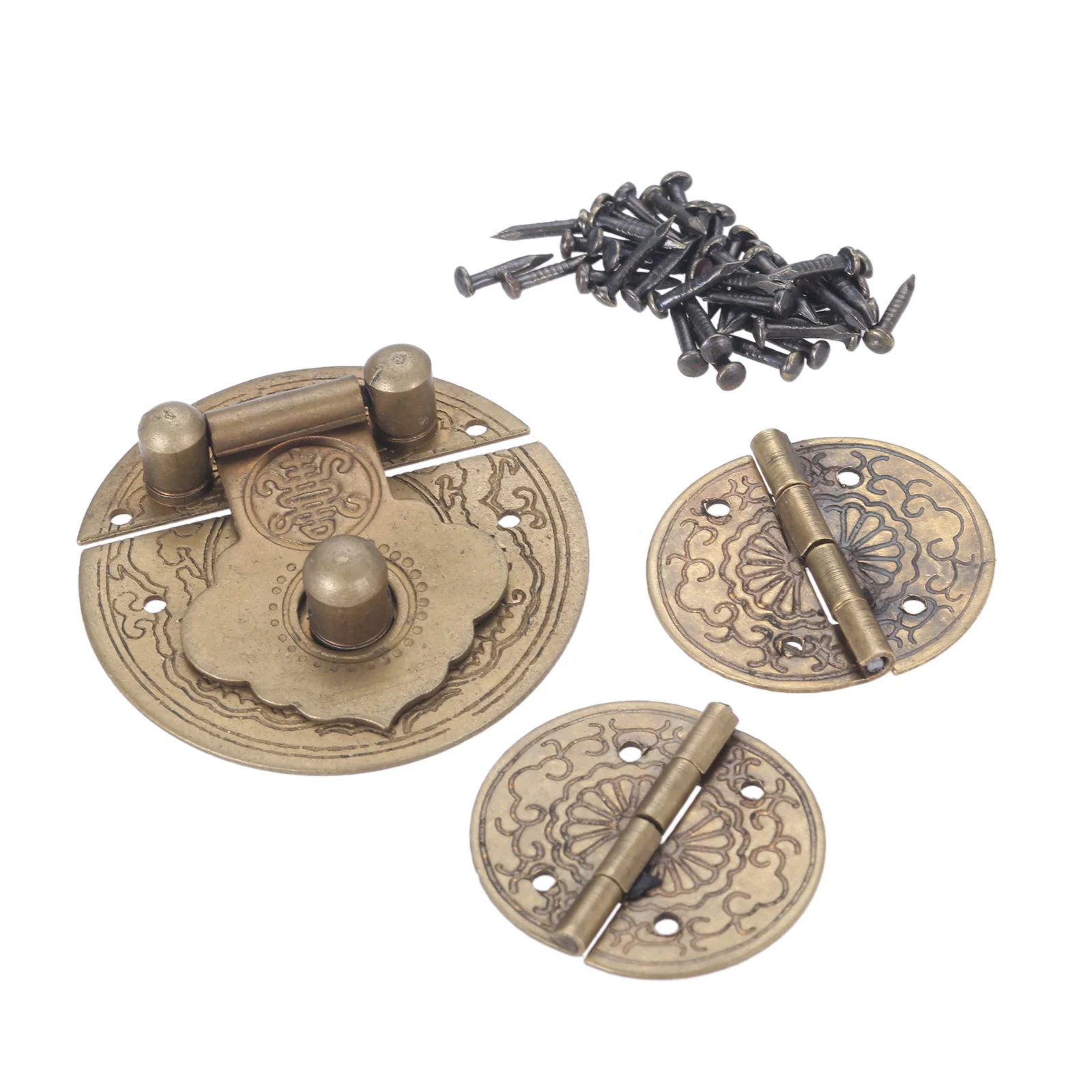 1Pc Brasss Hasps Latch Lock Clasp Buckle 36mm and 2Pcs Round Door Decorative Hinges 22*24mm for Cabinet Drawer Jewelry Chest Box