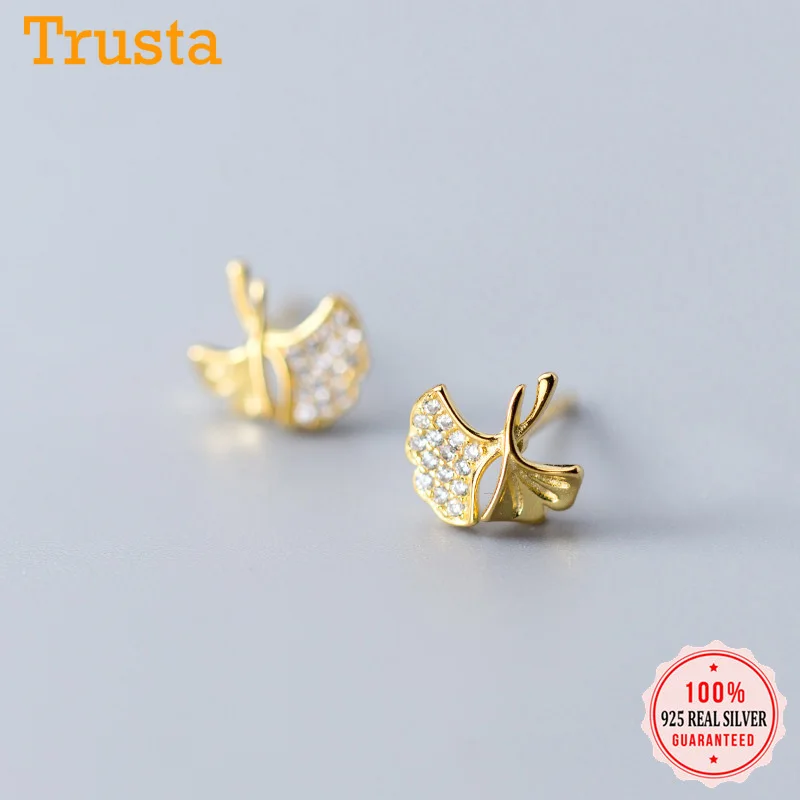 

Trusta Genuine 100% 925 Sterling Silver Sweet Gold Ginkgo Leaf Leaves Sparkling CZ Stud Earrings For Women Wedding Gift DS1886