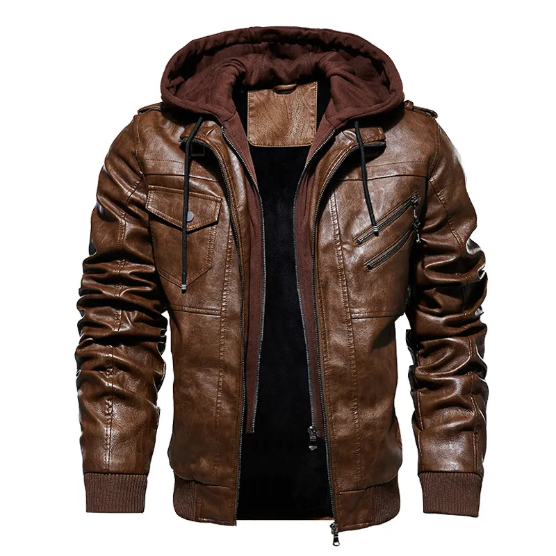 

Men's Winter Warm Fleece Jackets and Coats Autumn Men Hat Detachable Leather Jackets Outwear Motorcycle PU Leather Jacket M-4XL