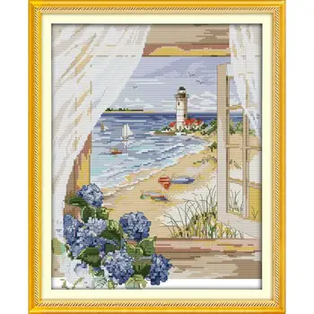 

Joy Sunday Sea view outside the window print on canvas DMC14CT Landscape cross stitch embroidery cross stitch kit for home decor