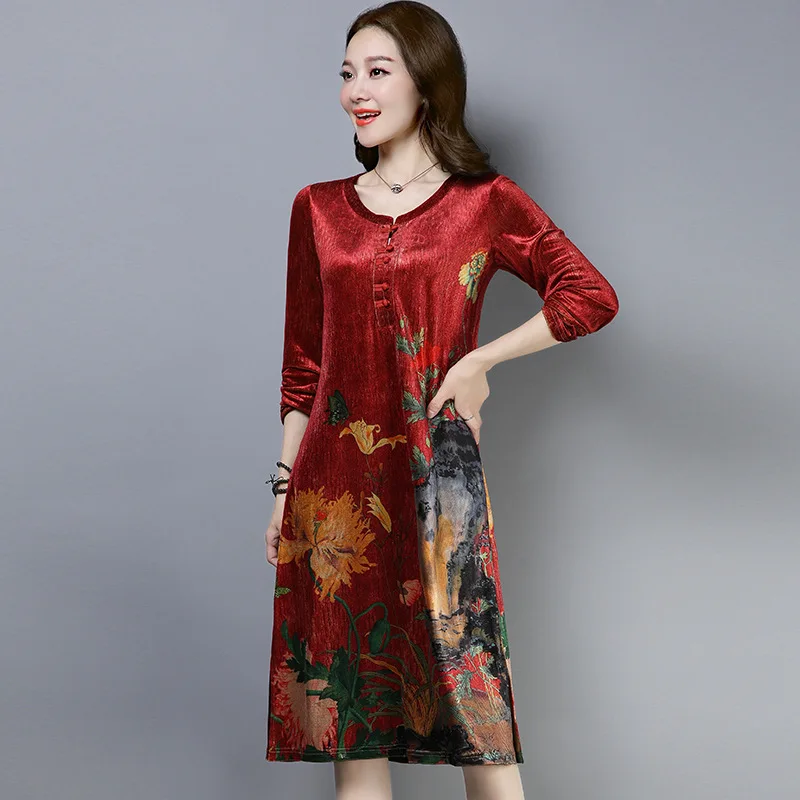 

2019 Spring New Style Retro Slimming Floral Printed Dress Long Sleeve Loose-Fit Mid-length Middle-aged Middle-aged Women Dress N