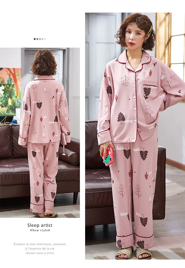 Весенне-осенний пижамный комплект, Дамская одежда для сна, милый мультяшный принт, длинный рукав, хлопок, удобная одежда для отдыха, домашняя одежда