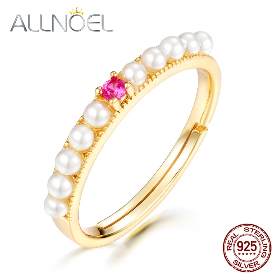 ALLNOEL 925 Sterling Silver Pearl Rings Red Corundum Gemstone 9K Gold Plated Vintage Fine Jewelry For Women (12)